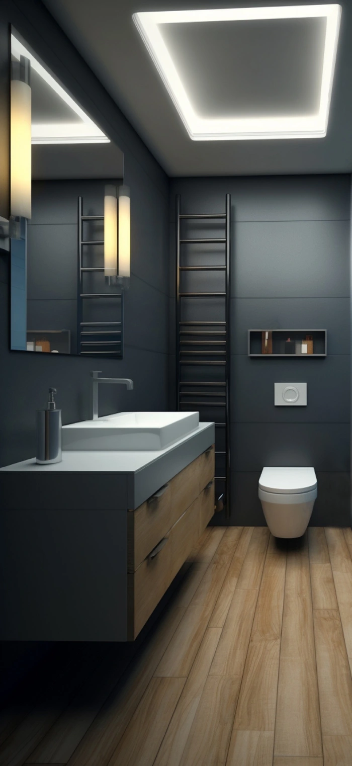 Koyu gri ve ahşap tonlu asma banyo dolabı