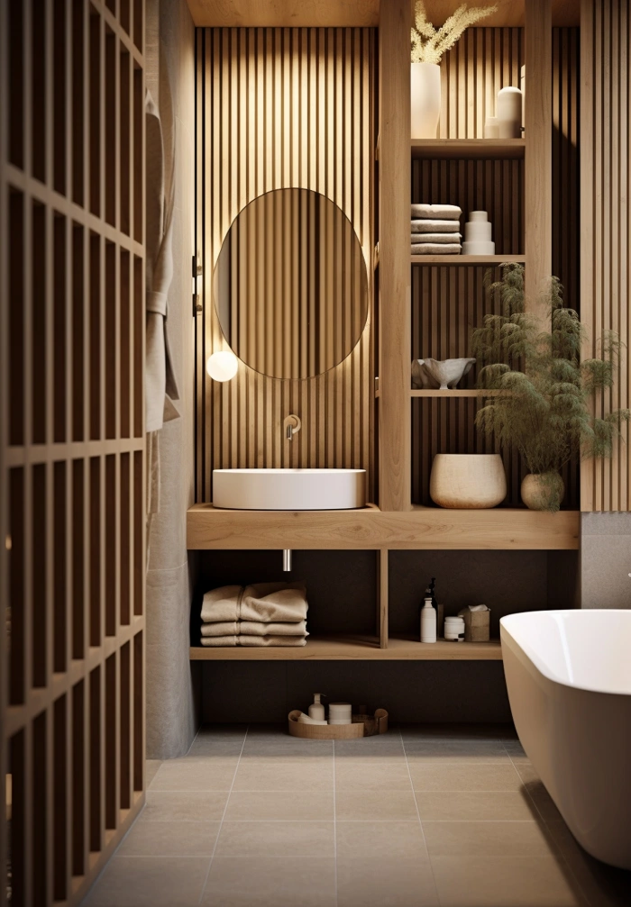 Ahşap çıtalı açık raflı banyo dolabı ve niş raflar