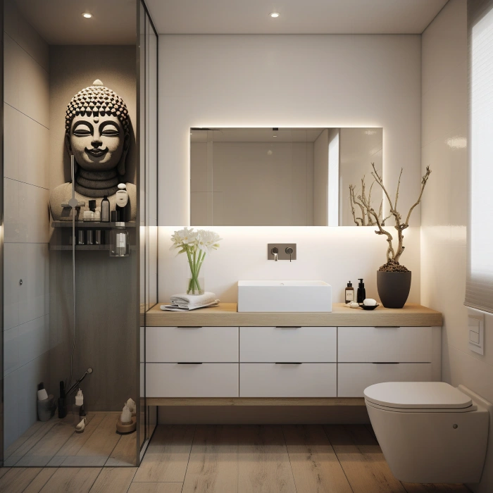 Beyaz lake çekmeceli, ahşap tezgâhlı asma banyo dolabı