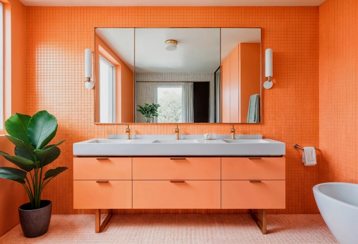 Turuncu lake çift lavabolu çekmeceli banyo dolabı