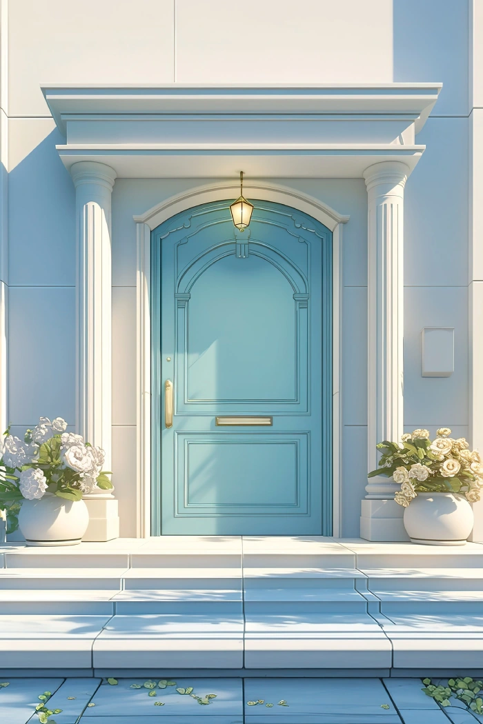 Mavi boyalı kemerli villa giriş kapısı