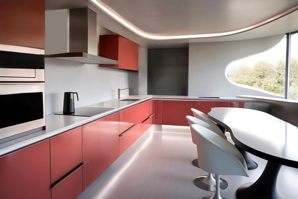 Kırmızı ve beyaz parlak kapaklı modern L mutfak