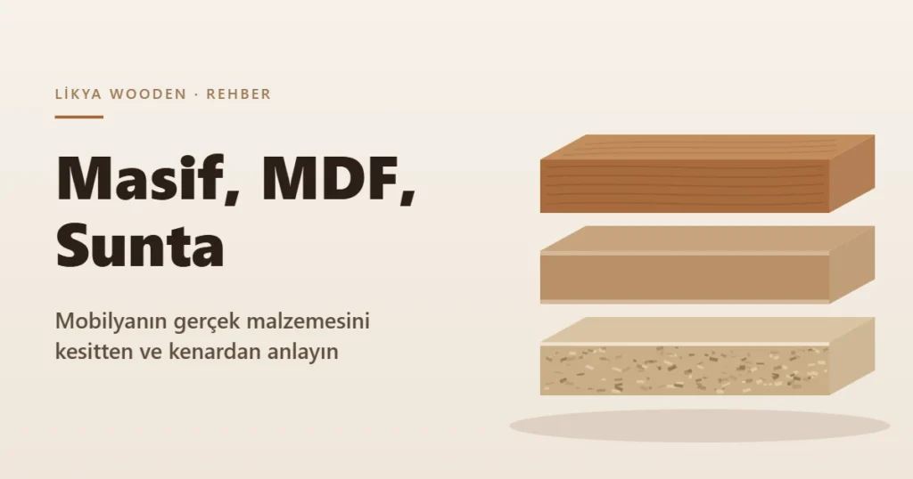 Masif ahşap, MDF ve sunta levhaların kesitlerini yan yana gösteren çizim