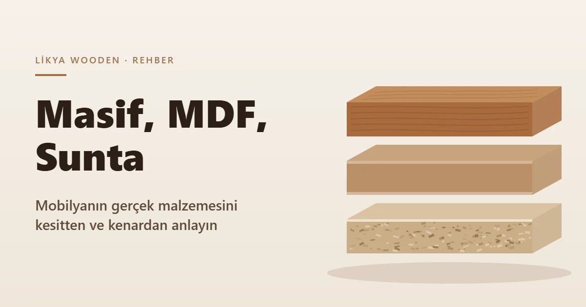Masif ahşap, MDF ve sunta levhaların kesitlerini yan yana gösteren çizim